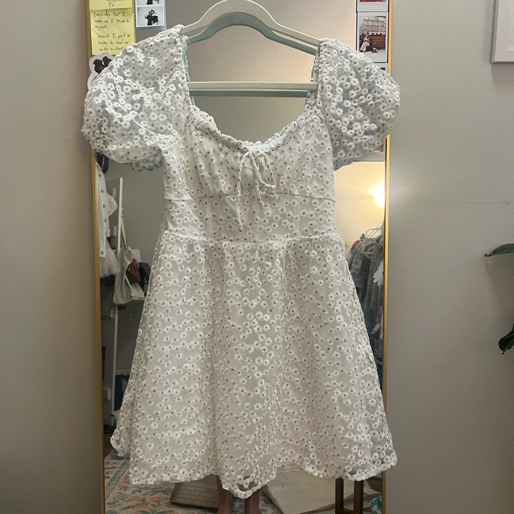 Altar’d State White Floral Mini Dress with Gold Flower Detail